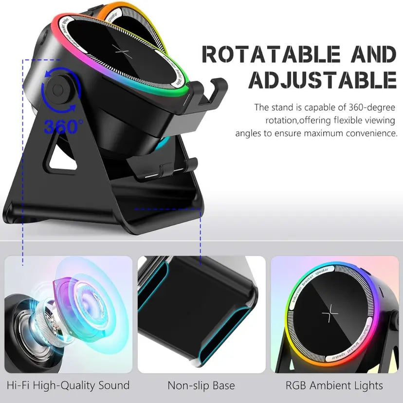 4-in-1 Wireless Induction Speaker – RGB Lights & Phone Stand